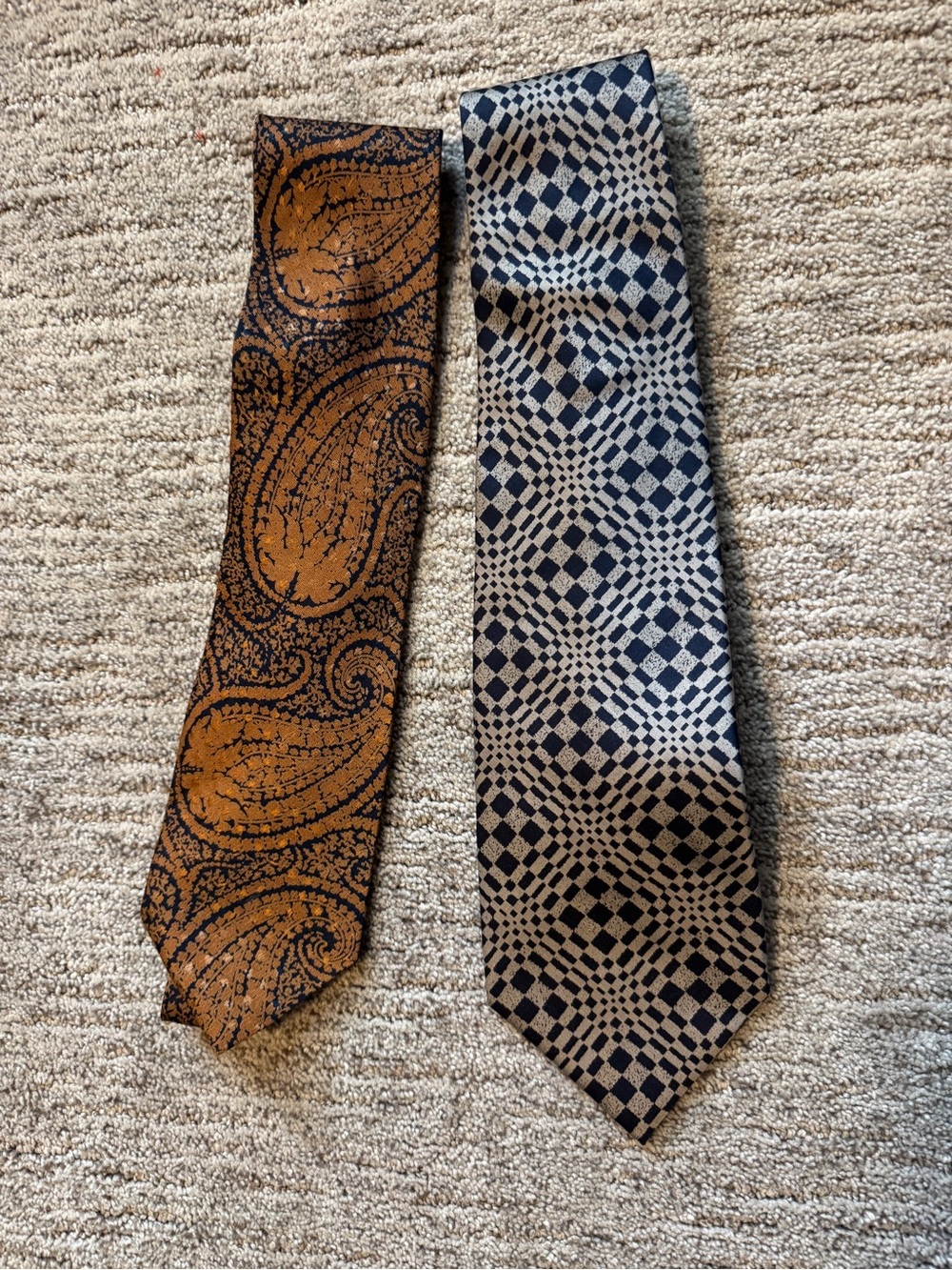 2 Vintage Designer Silk Wide Ties - YSL & Dior - Gold Paisley & Navy Geometric